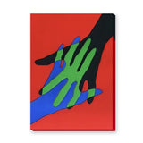 Abstract Hands Pop Art Wall Decor – Colorful Overlapping Hands on Red