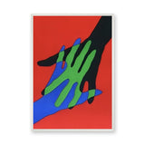 Abstract Hands Pop Art Wall Decor – Colorful Overlapping Hands on Red