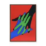 Abstract Hands Pop Art Wall Decor – Colorful Overlapping Hands on Red