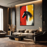 Abstract Horse Modern Wall Art Print – Black Horse on Red and Yellow Fields