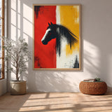 Abstract Horse Modern Wall Art Print – Black Horse on Red and Yellow Fields