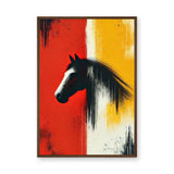 Abstract Horse Modern Wall Art Print – Black Horse on Red and Yellow Fields