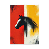 Abstract Horse Modern Wall Art Print – Black Horse on Red and Yellow Fields