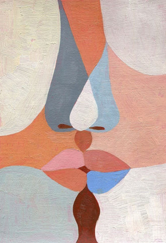Abstract Kiss Modern Wall Art Poster – Pastel Kissing Faces Portrait
