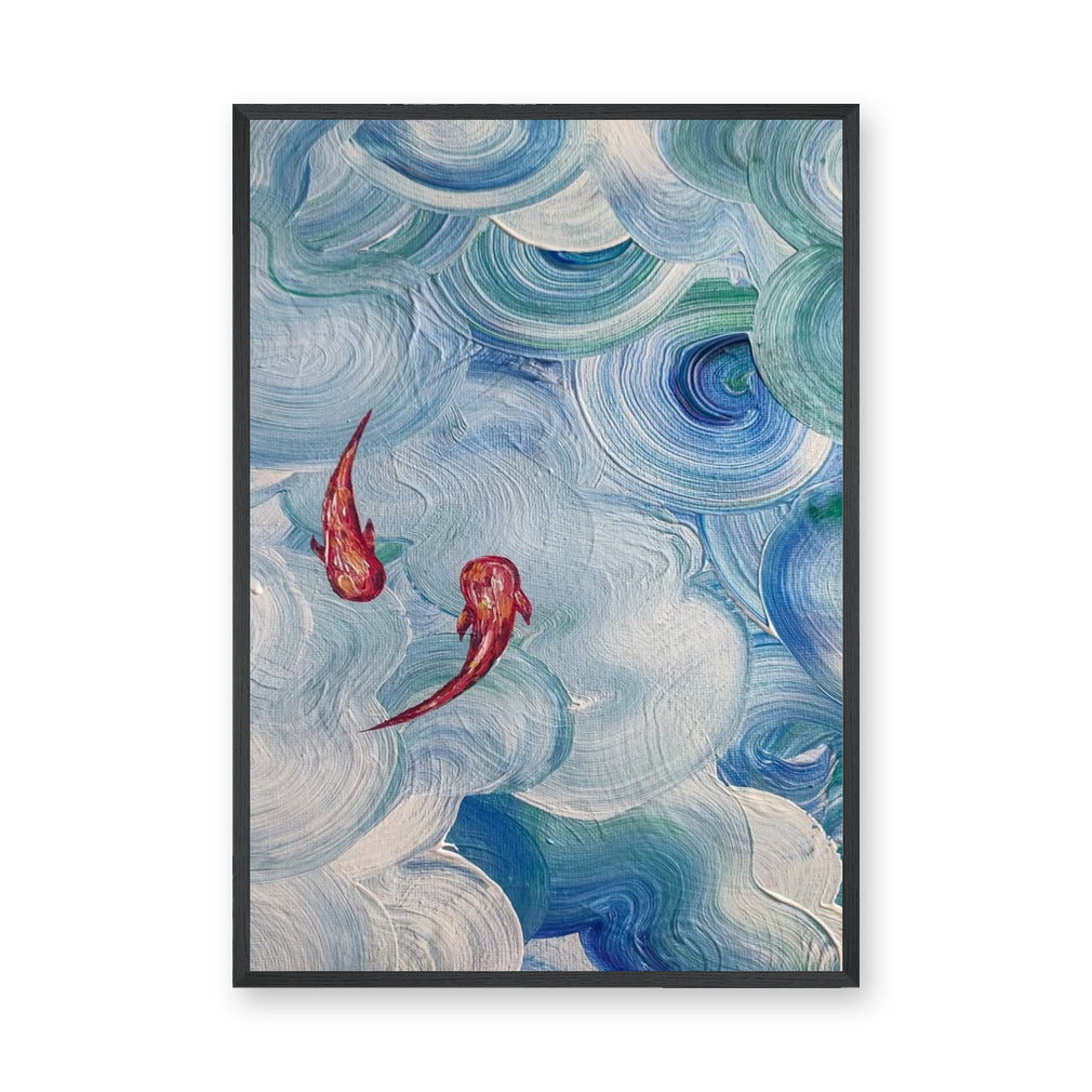 Abstract Koi Fish Modern Wall Art Print – Blue Teal Swirling Water Print