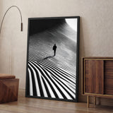 Abstract Landscape Modern Wall Art Print – Lone Figure in Striped Black and White