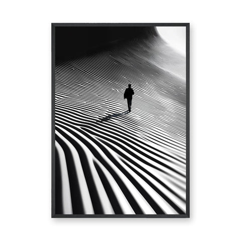 Abstract Landscape Modern Wall Art Print – Lone Figure in Striped Black and White