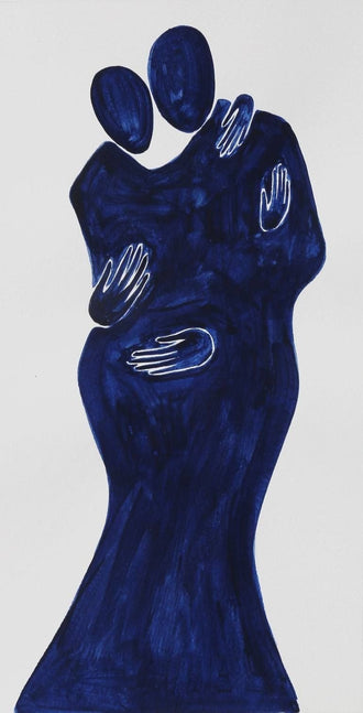 Abstract Portrait Modern Wall Art Poster – Navy Blue Embracing Figures