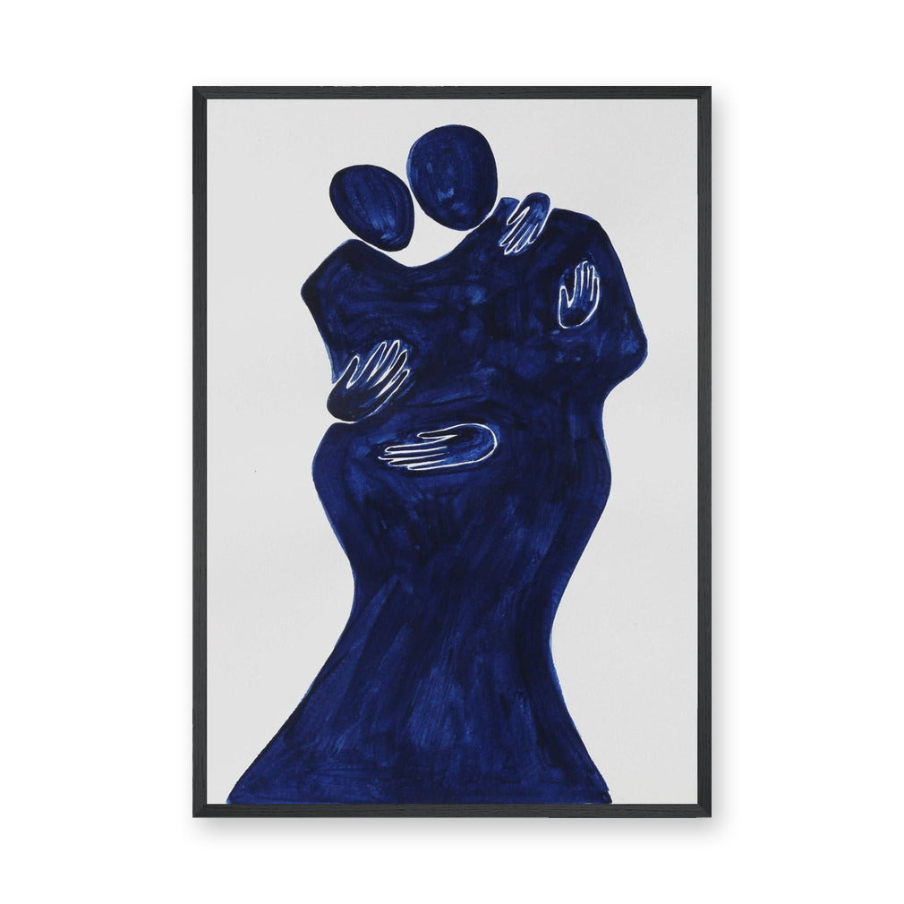 Abstract Portrait Modern Wall Art Poster – Navy Blue Embracing Figures