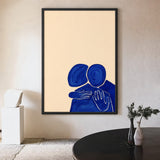 Abstract Portrait Wall Art Poster – Blue Embrace on a Soft Beige Background