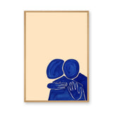 Abstract Portrait Wall Art Poster – Blue Embrace on a Soft Beige Background