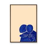 Abstract Portrait Wall Art Poster – Blue Embrace on a Soft Beige Background