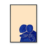 Abstract Portrait Wall Art Poster – Blue Embrace on a Soft Beige Background