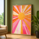 Abstract Sunburst Retro Wall Art Poster – Pink Orange Celestial Rays