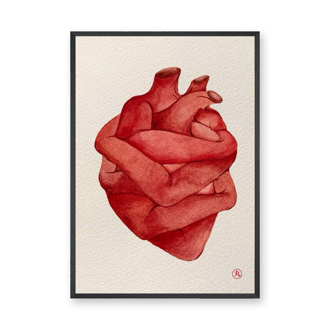 Anatomical Heart Surreal Watercolor Wall Art Poster – Embraced Red Heart