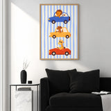 Animal Cars Kids Wall Art Print – Cute Lion Dog Giraffe Nursery Print
