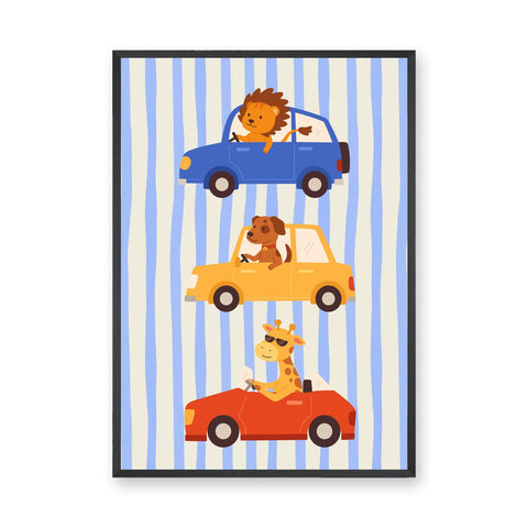 Animal Cars Kids Wall Art Print – Cute Lion Dog Giraffe Nursery Print