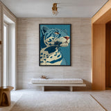 Animals Modern Line-Art Wall Art Poster – Blue Leopard Portrait on Teal