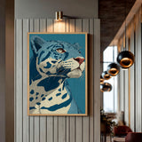 Animals Modern Line-Art Wall Art Poster – Blue Leopard Portrait on Teal