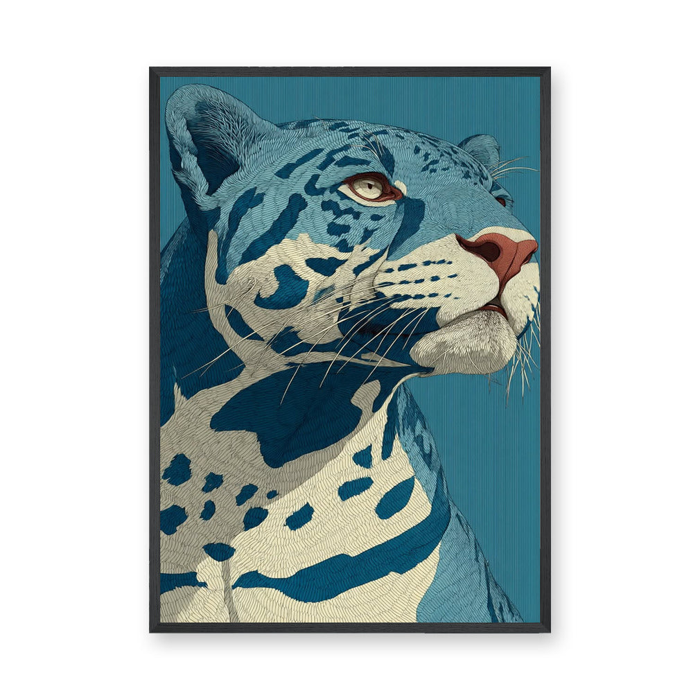 Animals Modern Line-Art Wall Art Poster – Blue Leopard Portrait on Teal