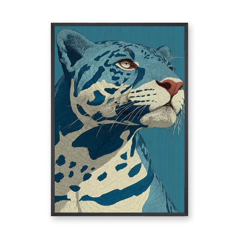 Animals Modern Line-Art Wall Art Poster – Blue Leopard Portrait on Teal