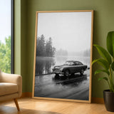 Aston Martin DB5 Vintage Wall Art Poster – Misty Black and White Lakeside