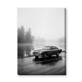 Aston Martin DB5 Vintage Wall Art Poster – Misty Black and White Lakeside