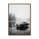 Aston Martin DB5 Vintage Wall Art Poster – Misty Black and White Lakeside