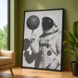 Astronaut Basketball Surreal Wall Art Poster – Black-and-White Space Sports Print