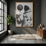 Astronaut Basketball Surreal Wall Art Poster – Black-and-White Space Sports Print