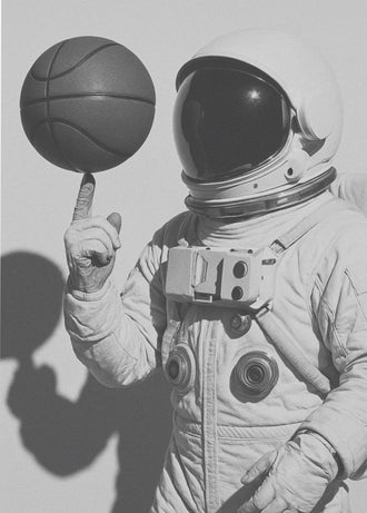 Astronaut Basketball Surreal Wall Art Poster – Black-and-White Space Sports Print