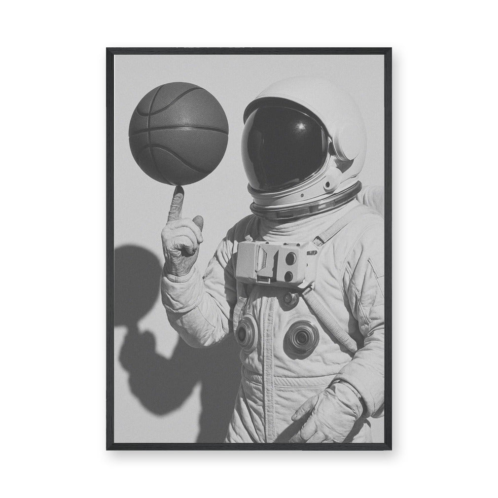 Astronaut Basketball Surreal Wall Art Poster – Black-and-White Space Sports Print