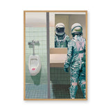 Astronaut Bathroom Surreal Wall Decor – Space Figure at the Mirror