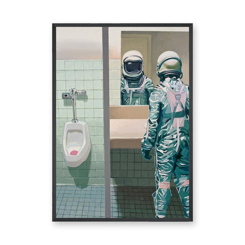Astronaut Bathroom Surreal Wall Decor – Space Figure at the Mirror