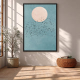 Birds and Moon Minimalist Wall Art Poster – Flock Beneath a Cream Moon