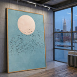 Birds and Moon Minimalist Wall Art Poster – Flock Beneath a Cream Moon