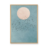 Birds and Moon Minimalist Wall Art Poster – Flock Beneath a Cream Moon