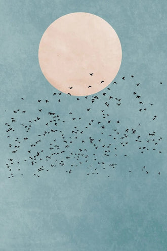 Birds and Moon Minimalist Wall Art Poster – Flock Beneath a Cream Moon