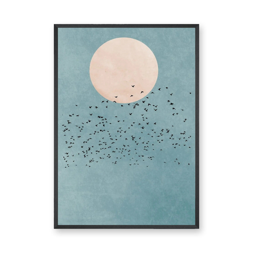 Birds and Moon Minimalist Wall Art Poster – Flock Beneath a Cream Moon