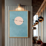Birds on Wire Minimalist Wall Decor – Pale Moon in Textured Teal Sky