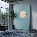 Birds on Wire Minimalist Wall Decor – Pale Moon in Textured Teal Sky