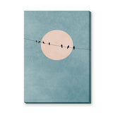Birds on Wire Minimalist Wall Decor – Pale Moon in Textured Teal Sky