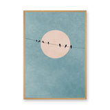 Birds on Wire Minimalist Wall Decor – Pale Moon in Textured Teal Sky