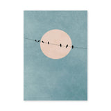 Birds on Wire Minimalist Wall Decor – Pale Moon in Textured Teal Sky