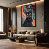 Black Cat Abstract Line Art Wall Art Print – Colorful Flowing Contour Portrait