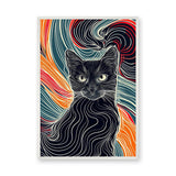 Black Cat Abstract Line Art Wall Art Print – Colorful Flowing Contour Portrait