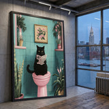 Black Cat Retro Wall Art Poster – Newspaper Reader in a Teal Bathroom