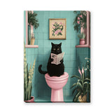 Black Cat Retro Wall Art Poster – Newspaper Reader in a Teal Bathroom