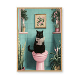 Black Cat Retro Wall Art Poster – Newspaper Reader in a Teal Bathroom