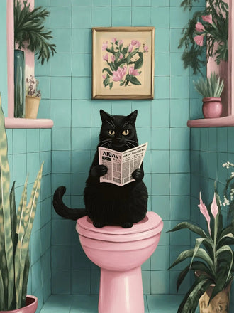 Black Cat Retro Wall Art Poster – Newspaper Reader in a Teal Bathroom
